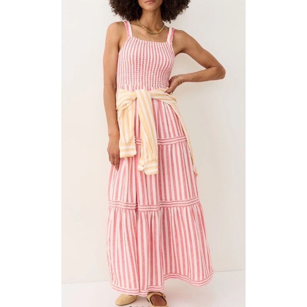 Marine Layer Selene Maxi Dress XS Pink Stripe Tiered Pockets Lined Smocked Flowy